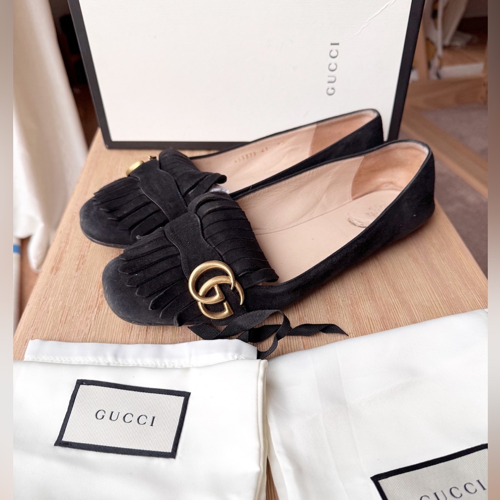 Gucci Black Suede Fringe Loafers with Gold Double G